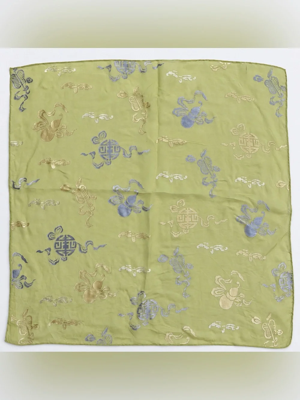100% Silk Chinese Longevity Symbol Scarf Green Sheer Neck Hair Bag Scarf